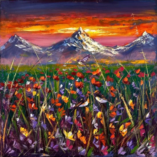 Günbatımında Gelincik Bahçesi Yağlı Boya Tablosu