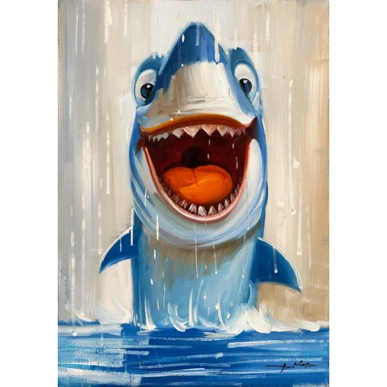 Heyecanlı Köpekbalığı Yağlı Boya Tablosu