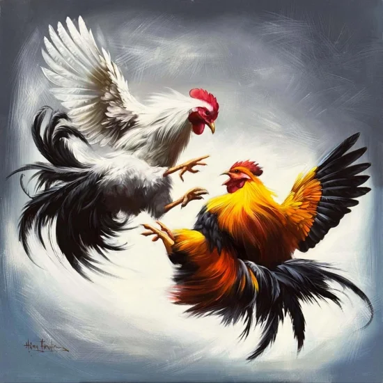 Clash of Roosters Oil Painting