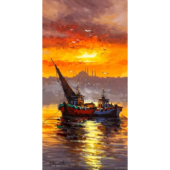 İki Tekne, Bir Akşam Yağlı Boya Tablosu