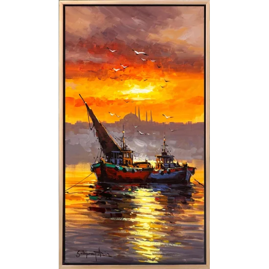 İki Tekne, Bir Akşam Yağlı Boya Tablosu