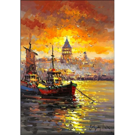İstanbul Boğazında Akşam Yağlı Boya Tablosu