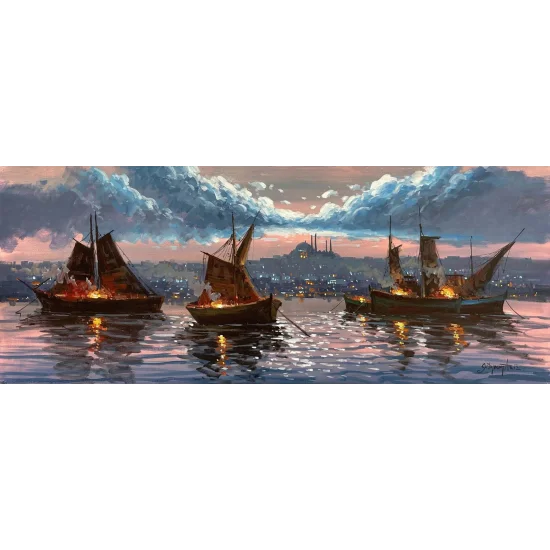 İstanbul Boğazı Gece Işıltısı Yağlı Boya Tablosu