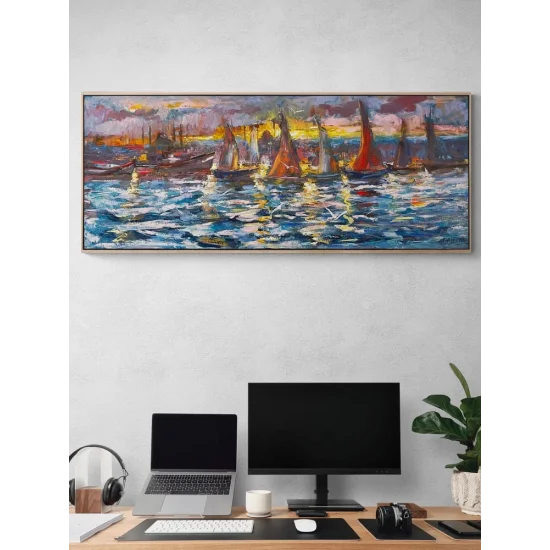 İstanbul Boğazında Yelkenliler Yağlı Boya Tablosu