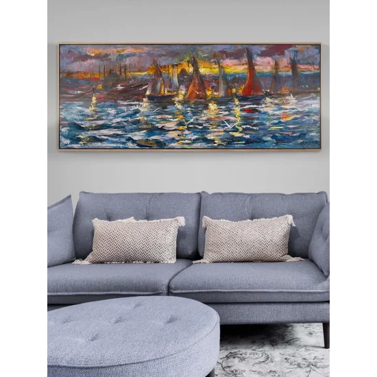 İstanbul Boğazında Yelkenliler Yağlı Boya Tablosu