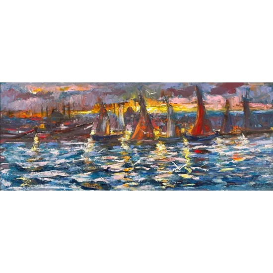 İstanbul Boğazında Yelkenliler Yağlı Boya Tablosu