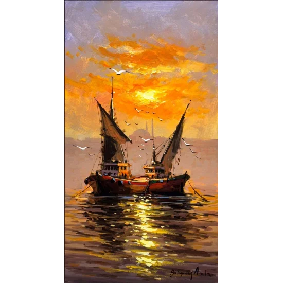 İstanbul Boğazının Balıkçıları Yağlı Boya Tablosu