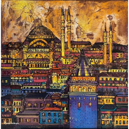 İstanbulun Kalbi Renkli Galata Yağlı Boya Tablosu