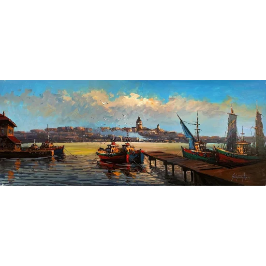 İstanbulun Ruhunda Boğaz ve Galata Yağlı Boya Tablosu