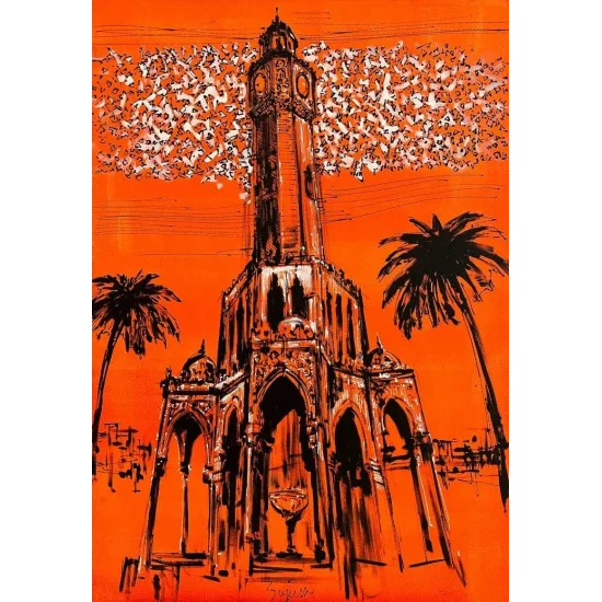 İzmirin Simgesi Saat Kulesi Yağlı Boya Tablosu