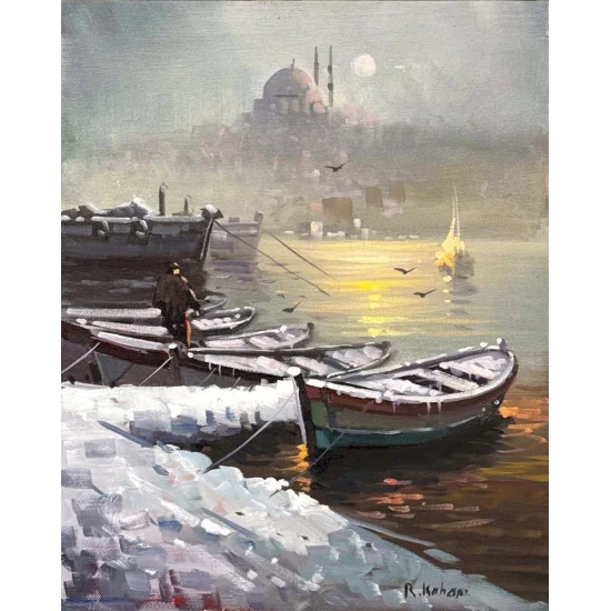 Kar Manzarasında Boğaz Yağlı Boya Tablosu