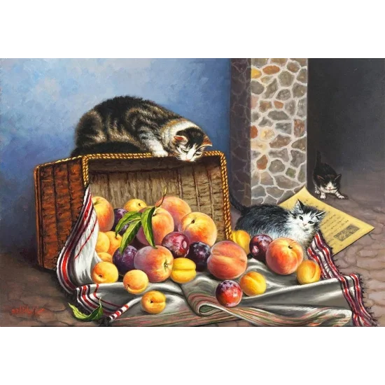 Cats in the Fruit Basket Oil Painting