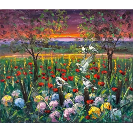 Kır Çiçekleri ve Kuşlar Yağlı Boya Tablosu