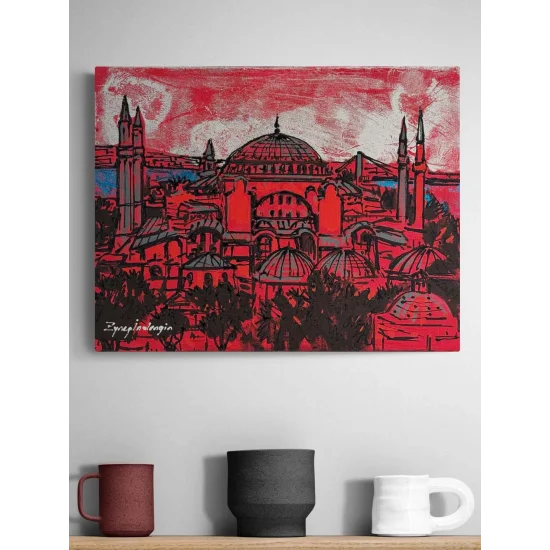 Kırmızı Ayasofya Cami Yağlı Boya Tablosu