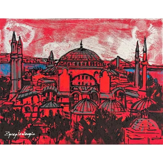 Kırmızı Ayasofya Cami Yağlı Boya Tablosu