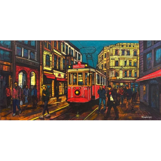 Kırmızı Tramvay ve Hatıralar Yağlı Boya Tablosu