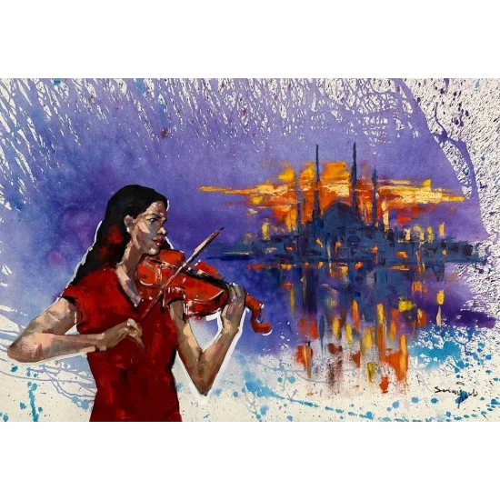 Kırmızılı Kemancı Yağlı Boya Tablosu