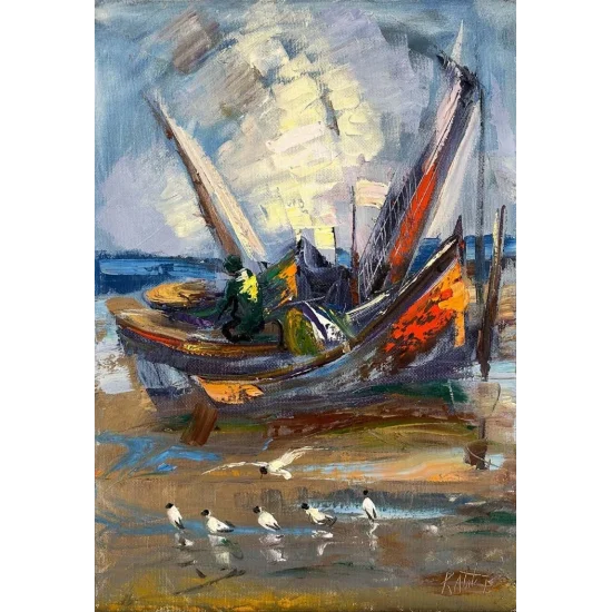 Kıyının Renkli Dokusu Yağlı Boya Tablosu