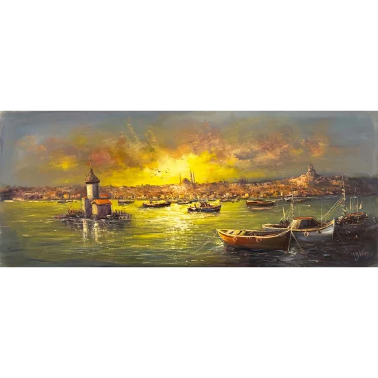 Kız Kulesi Liman Hatırası Yağlı Boya Tablosu