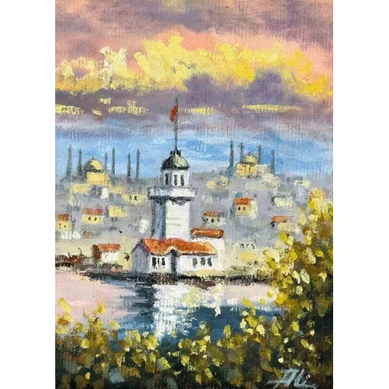 Kız Kulesi’nde Günbatımı Yağlı Boya Tablosu