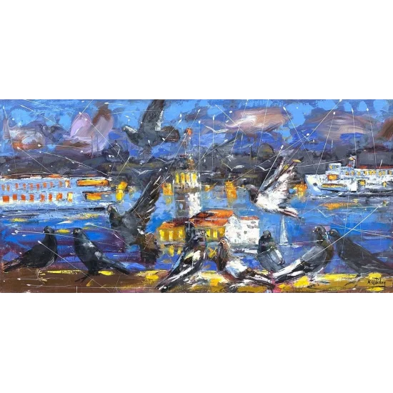 Kız Kulesi’ne Kanat Çırpışı Yağlı Boya Tablosu