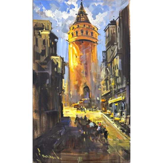 Kulenin Gölgesinde Sokaklar Yağlı Boya Tablosu