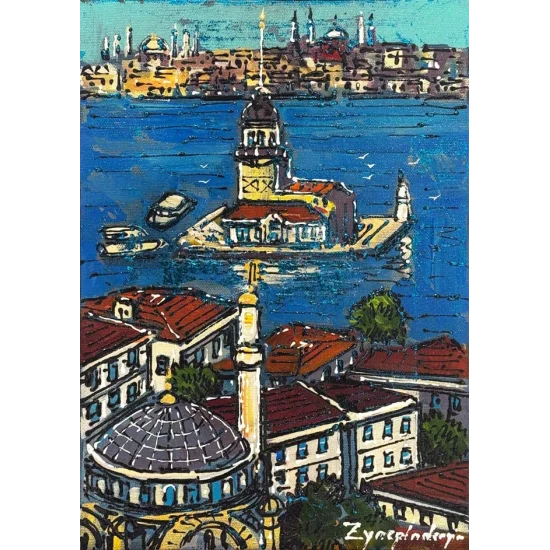 Kuş Bakışı Kız Kulesi Yağlı Boya Tablosu