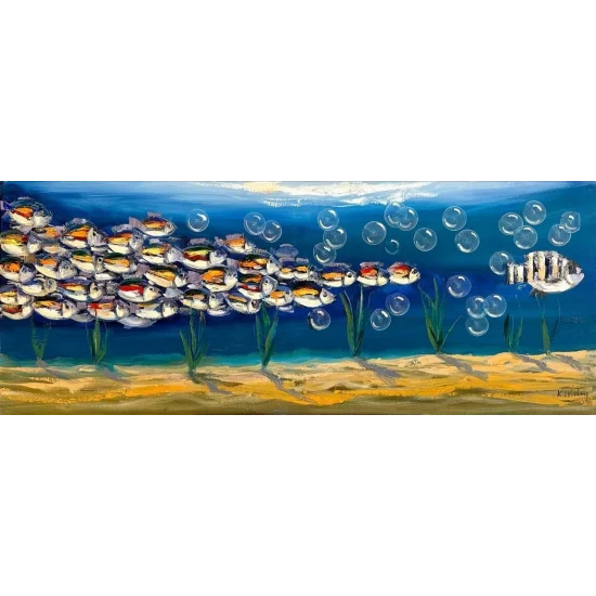 Mavi Derinliklerde Yüzen Balıklar Yağlı Boya Tablosu