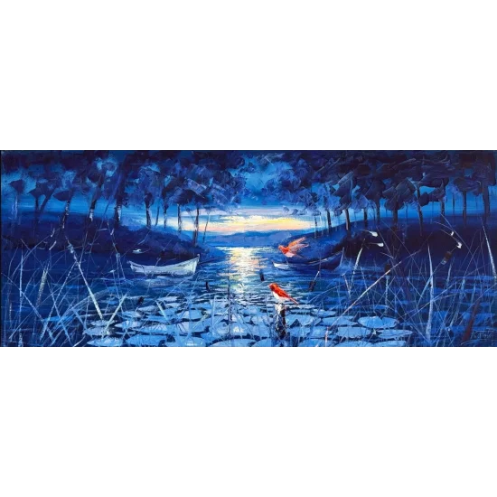 Mavi Ormanda Gece Yağlı Boya Tablosu