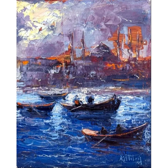 Maviyle Dokunmuş Şehir Yağlı Boya Tablosu