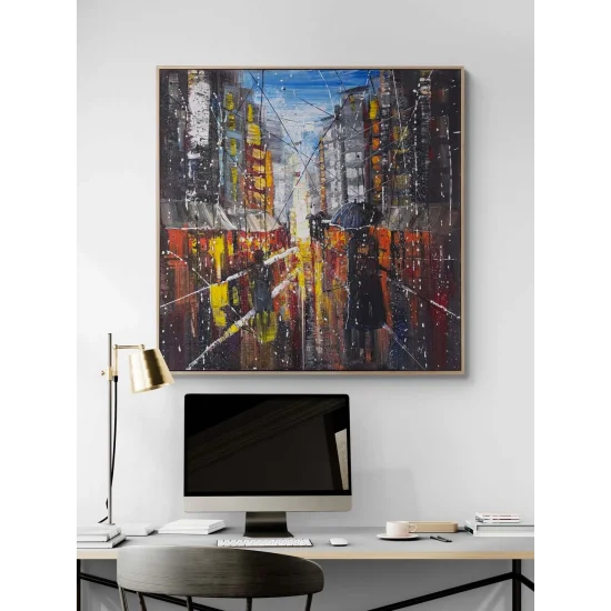 Modern Şehirde Akşam Yağlı Boya Tablosu