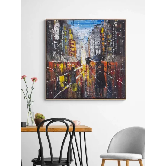 Modern Şehirde Akşam Yağlı Boya Tablosu
