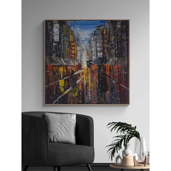 Modern Şehirde Akşam Yağlı Boya Tablosu