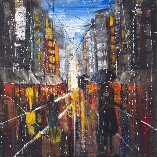 Modern Şehirde Akşam Yağlı Boya Tablosu