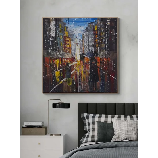 Modern Şehirde Akşam Yağlı Boya Tablosu