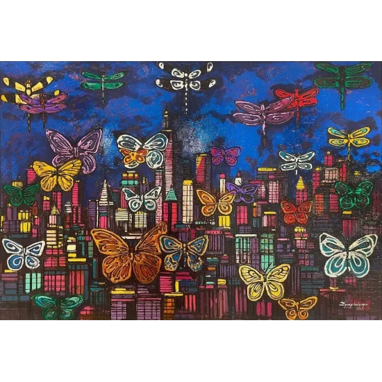 Modern Şehirin Kelebekleri Yağlı Boya Tablosu