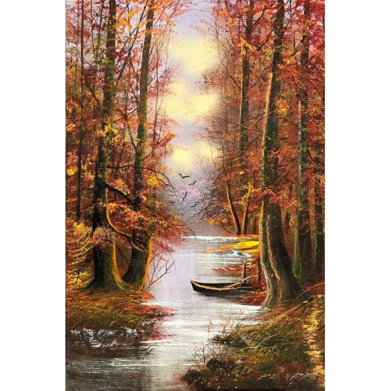Nehir Kenarındaki Sonbahar Ormanı Yağlı Boya Tablosu
