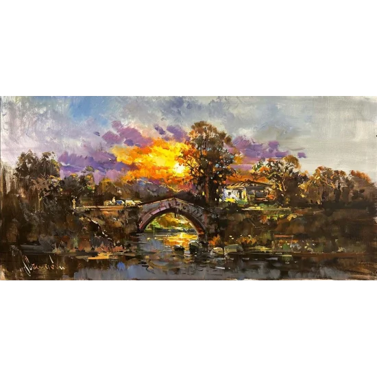 Evening on the River Bank Oil Painting