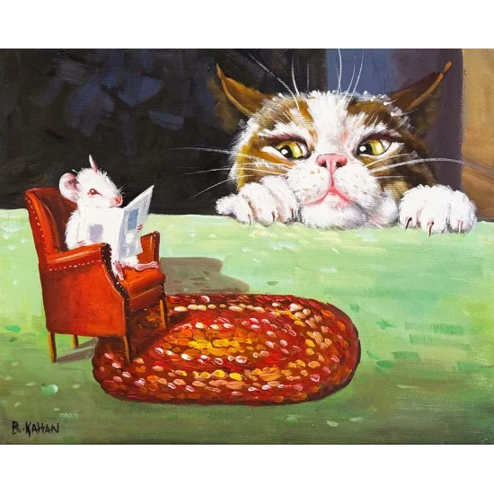 Okuyan Fare Bakan Kedi Yağlı Boya Tablosu