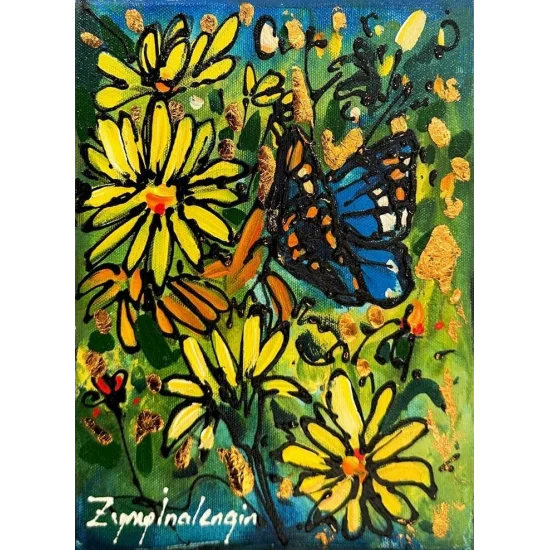 Papatyada Kelebek Yağlı Boya Tablosu