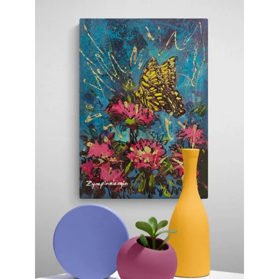 Pembe Çiçeklerde Kelebek Yağlı Boya Tablosu