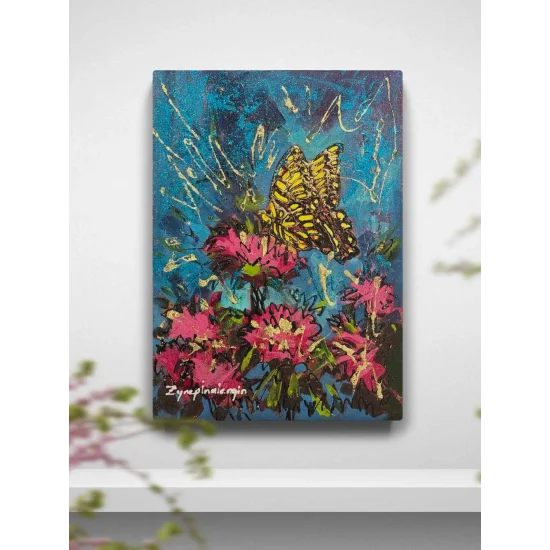 Pembe Çiçeklerde Kelebek Yağlı Boya Tablosu