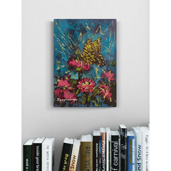 Pembe Çiçeklerde Kelebek Yağlı Boya Tablosu