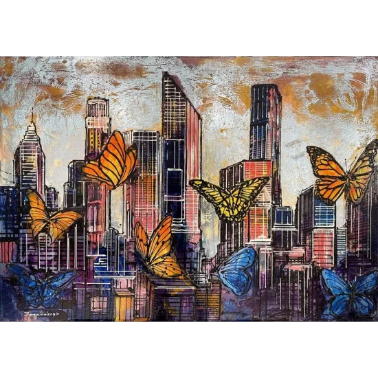 Colorful Butterflies and City Oil Painting