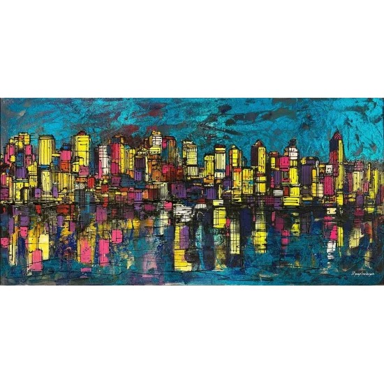 The City Silhouette and Reflection Oil Painting