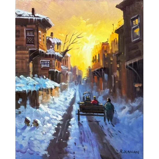 Şehirde Kar Manzarası Yağlı Boya Tablosu