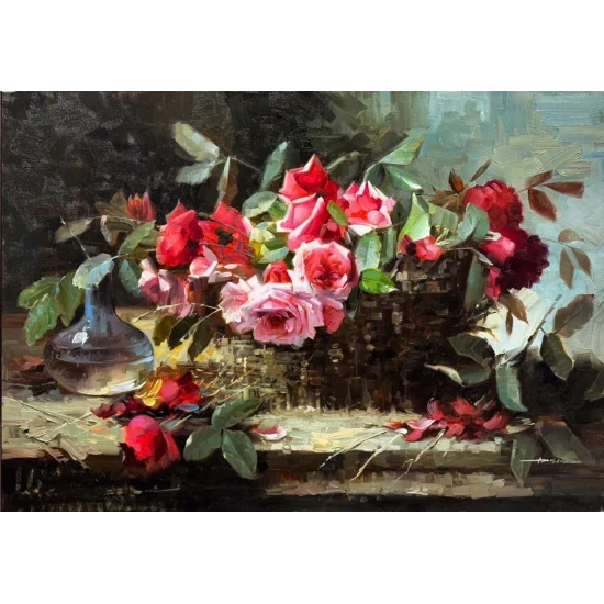Sepette Gül Demeti Yağlı Boya Tablosu
