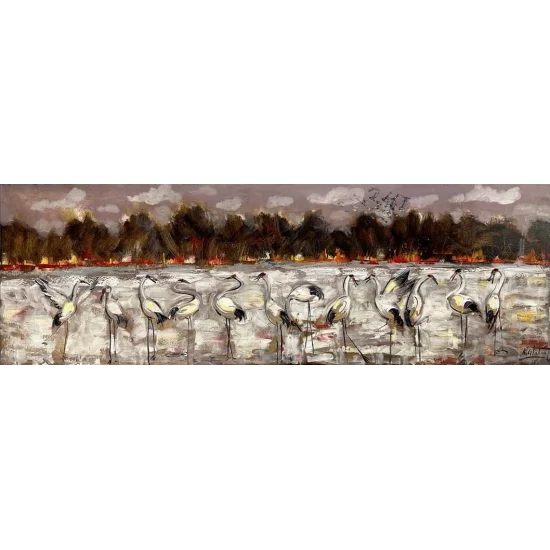 Peaceful Migration of Cranes Oil Painting | Simurg Art Gallery