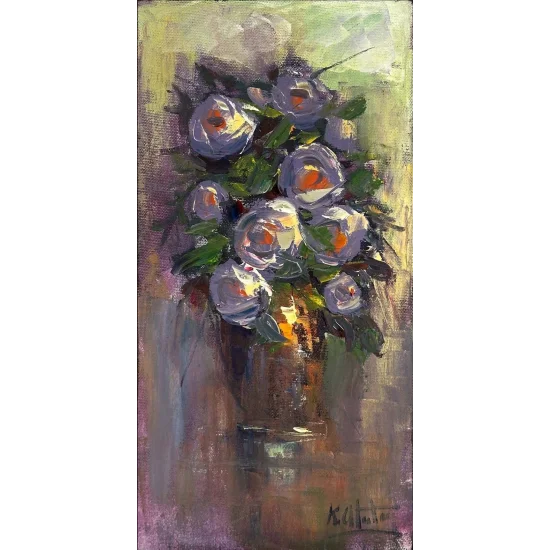 Vazoda Beyaz Çiçekler Yağlı Boya Tablosu