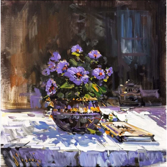 Vozada Mor Menekşeler Yağlı Boya Tablosu